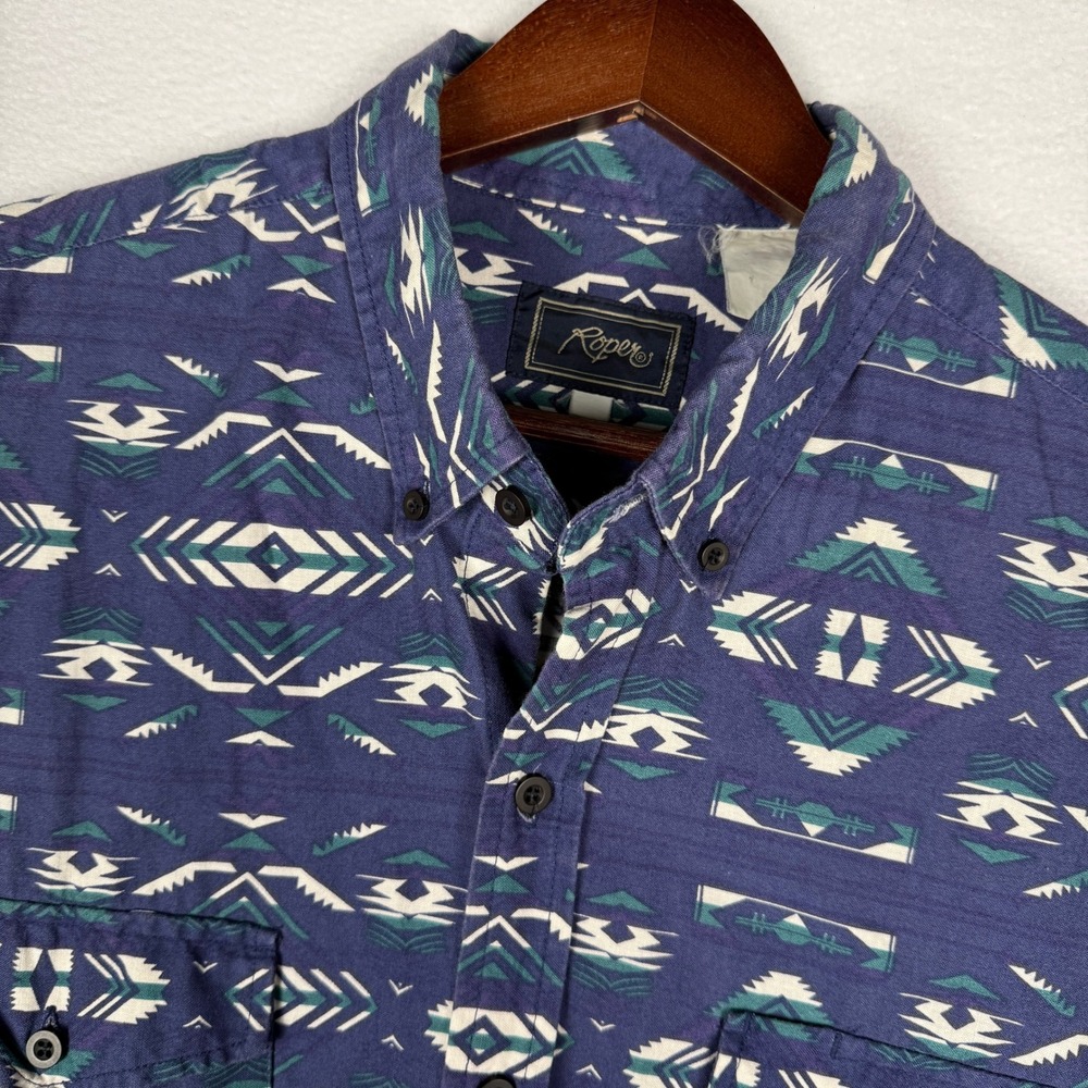 VTG Roper Mens 2XL Blue Aztec Southwest Short Sleeve Western Button Down Shirt